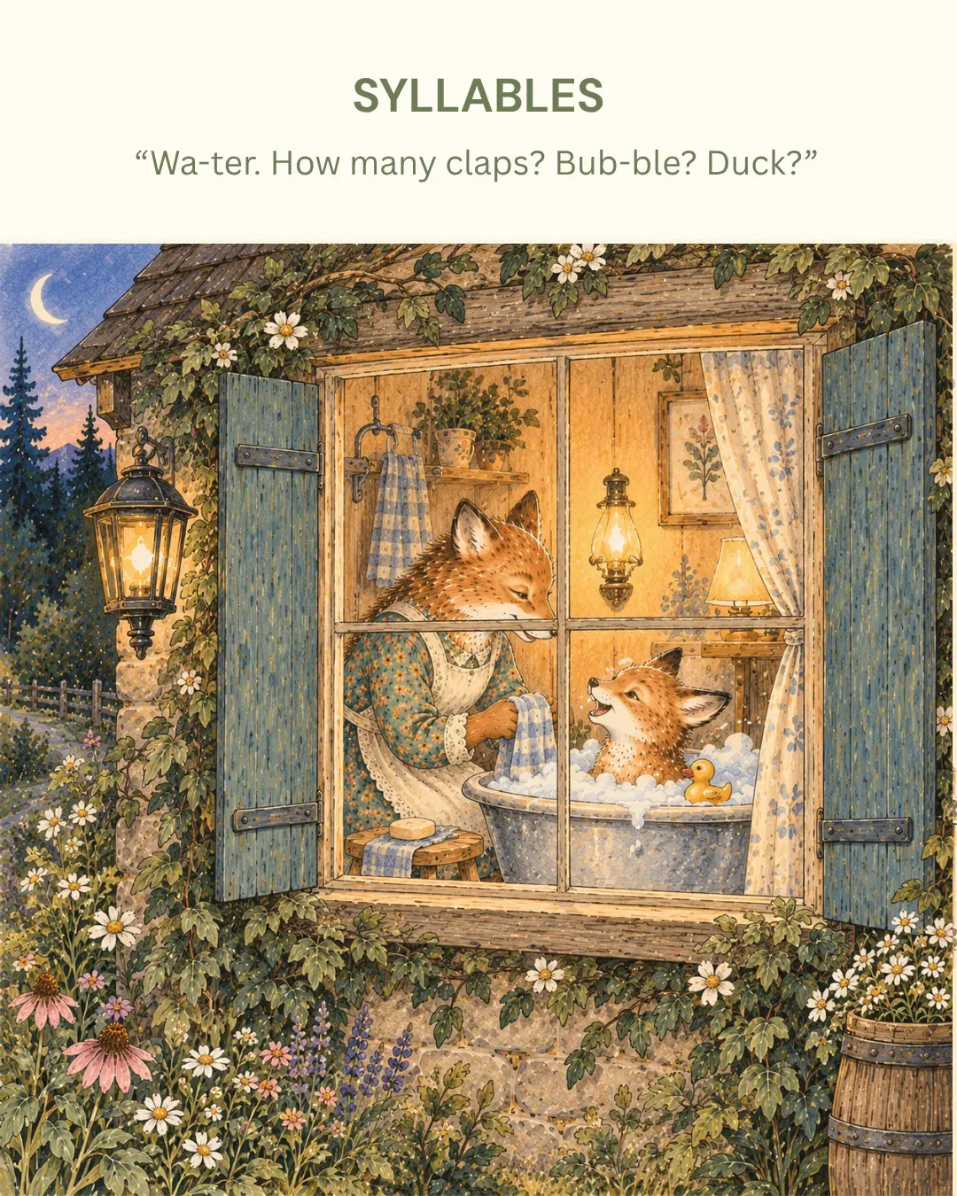 Syllables — parent and child foxes at bath time: Wa-ter. How many claps? Bub-ble? Duck?