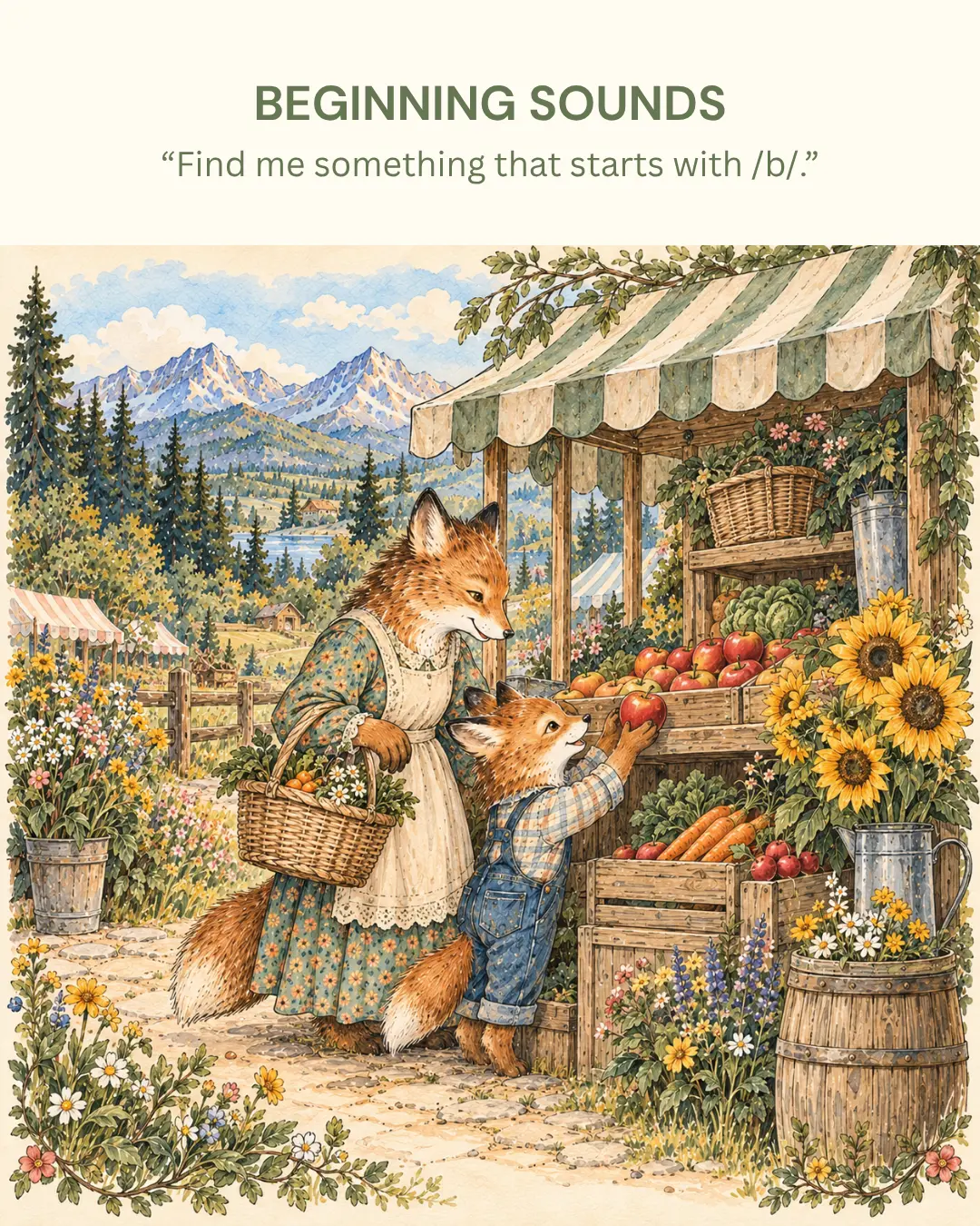 Beginning Sounds — parent and child foxes at a farm stand: Find me something that starts with /b/.