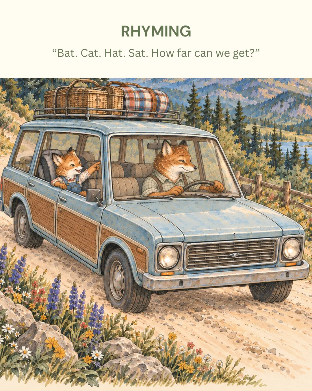 Rhyming — parent and child foxes in a car: Bat. Cat. Hat. Sat. How far can we get?