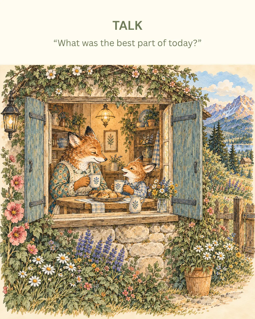 Talk — parent and child foxes sharing mugs at a cottage window: What was the best part of today?
